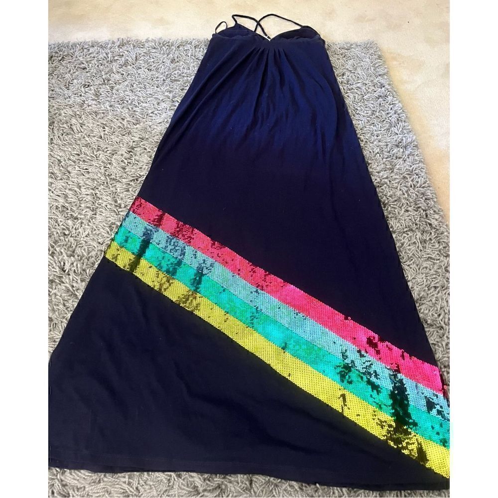 NWT Julie Brown NY Navy Sequin Rainbow Pride Long Knit Dress L